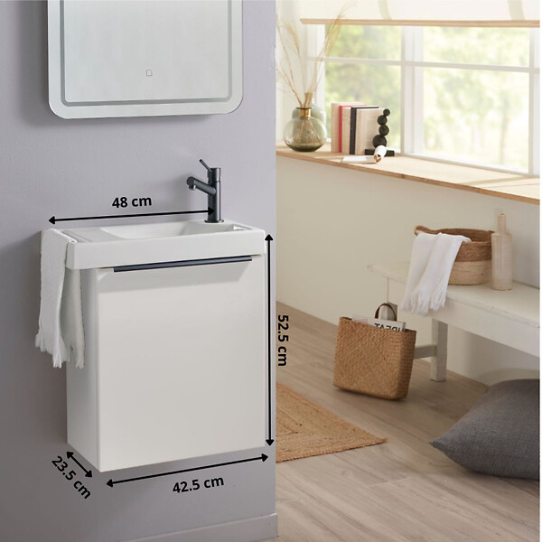 GODART - Pack lave-mains Meuble Blanc Mat avec poignée noire et porte serviette - robinet eau froide à droite - L.48 X H.52.5 cm - large