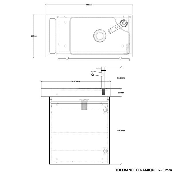GODART - Pack lave-mains Bois Strié avec porte serviette - Robinetterie Eau froide à droite - L.48 X H. 52.5 cm - Houston - large