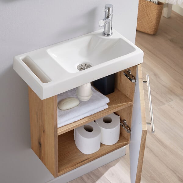 GODART - Pack lave-mains Bois Strié avec porte serviette - Robinetterie Eau froide à droite - L.48 X H. 52.5 cm - Houston - large