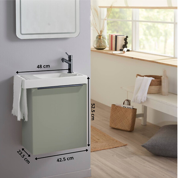 GODART - Meuble lave-mains Vert avec poignée noire et porte serviette - robinet eau froide à droite - L.48 X H. 52.5 cm - Houston 2 - large