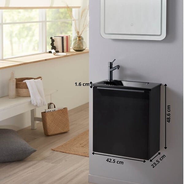 GODART - Pack lave-mains Noir Mat et poignée noire avec lave-mains extra fin noir - Robinet Eau froide à gauche -L.42.5 X H.48.6cm - large