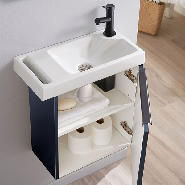 GODART - Pack lave-mains Meuble Noir mat avec Poignée noire et porte serviette - robinetterie eau froide à droite - L.48 X H.52.5 cm - large