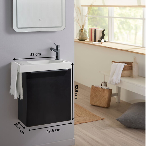 GODART - Pack lave-mains Meuble Noir mat avec Poignée noire et porte serviette - robinetterie eau froide à droite - L.48 X H.52.5 cm - large