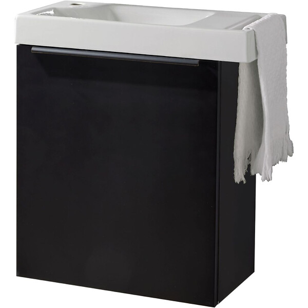 GODART - Pack lave-mains Meuble Noir mat avec Poignée noire et porte serviette - robinetterie eau froide à droite - L.48 X H.52.5 cm - large