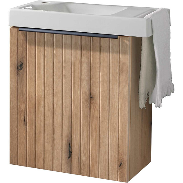 GODART - Pack lave-mains Meuble Bois Strié avec Poignée noire et porte serviette - robinetterie eau froide à gauche - L.48XH.52.5 cm - large