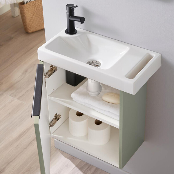 GODART - Pack lave-mains Meuble Vert avec poignée noire et porte serviette - robinet eau froide à gauche - L.48 X H. 52.5 cm - Houston - large