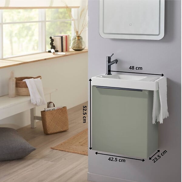 GODART - Pack lave-mains Meuble Vert avec poignée noire et porte serviette - robinet eau froide à gauche - L.48 X H. 52.5 cm - Houston - large