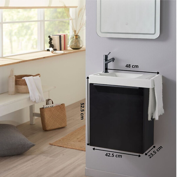 GODART - Pack lave-mains Meuble Noir mat avec Poignée noire et porte serviette - robinetterie eau froide à gauche - L.48XH.52.5 cm - large