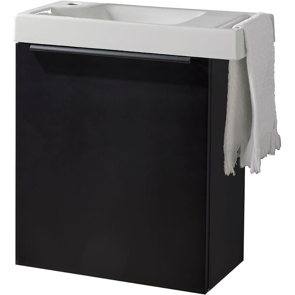 GODART - Pack lave-mains Meuble Noir mat avec Poignée noire et porte serviette - robinetterie eau froide à gauche - L.48XH.52.5 cm - large