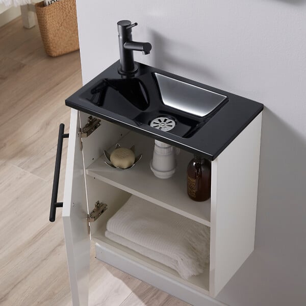 PLANETE BAIN - Meuble pour wc blanc avec lave mains design noir et mitigeur noir - large