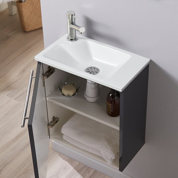GODART - Meuble lave-mains pour wc gris anthracite brillant avec vasque moderne et mitigeur - large