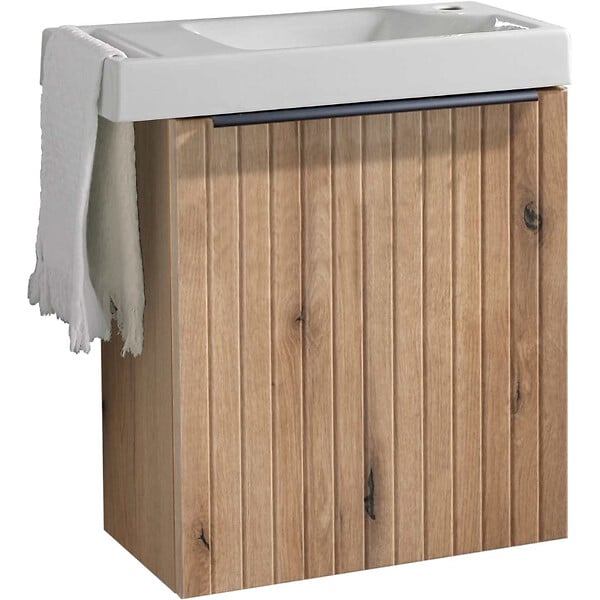 GODART - Pack lave-mains Meuble Bois Strié avec Poignée noire et porte serviette - robinetterie eau froide à droite - L.48XH.52.5 cm - large