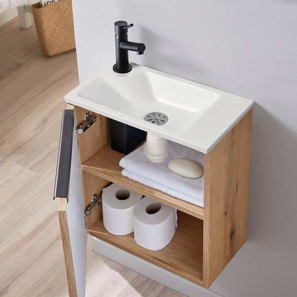 GODART - Pack lave-mains Strié Bois et poignée noire avec lave-mains extra fin blanc - Robinet Eau froide à gauche -L.42.5 X H.48.6cm - large