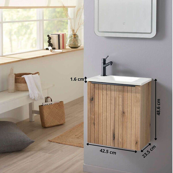 GODART - Pack lave-mains Strié Bois et poignée noire avec lave-mains extra fin blanc - Robinet Eau froide à gauche -L.42.5 X H.48.6cm - large