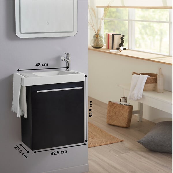 GODART - Pack lave-mains Noir Mat avec porte serviette - robinetterie eau froide à droite - L.48 X H. 52.5 cm - Houston 2 - large