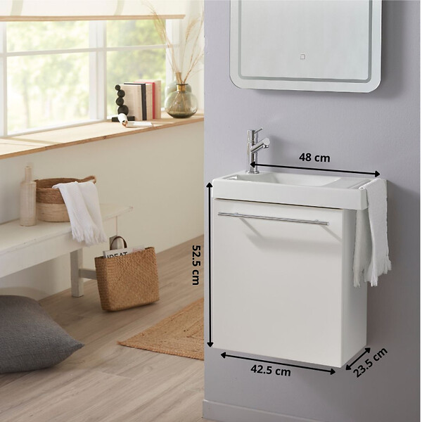 GODART - Pack lave-mains Blanc mat avec porte serviette - Mitigeur à gauche - L.48 X H. 52.5 cm - Houston - large