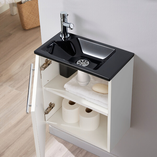 GODART - Pack lave-mains Blanc mat avec vasque design noire - Robinetterie Eau froide à gauche - L.42.5 X H. 48.6 cm - Hanos - large