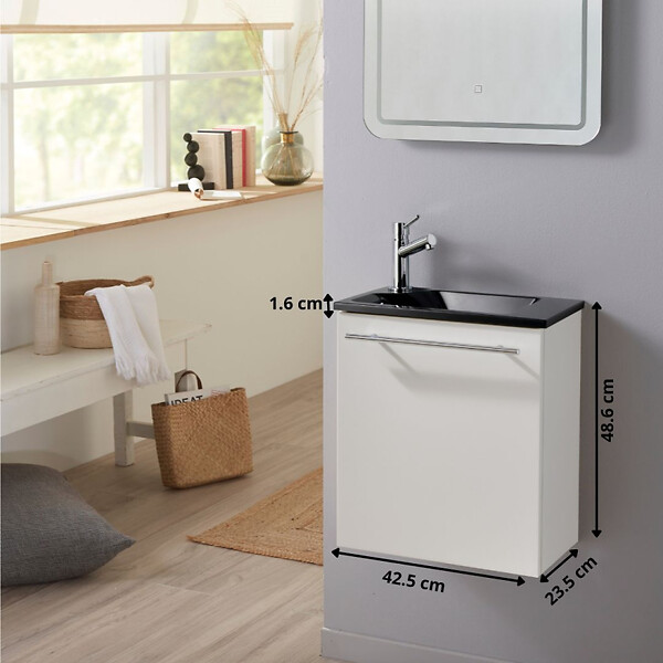 GODART - Pack lave-mains Blanc mat avec vasque design noire - Robinetterie Eau froide à gauche - L.42.5 X H. 48.6 cm - Hanos - large