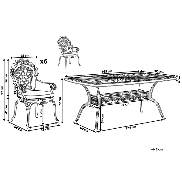BELIANI - Salle à manger de jardin 6 places LIZZANO Marron foncé Métal avec coussins - large