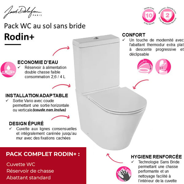 JACOB DELAFON - WC à poser sans bride sortie universelle Rodin+ avec abattant frein de chute + nettoyant - large