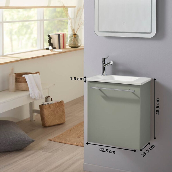 PLANETE BAIN - Pack lave-mains Vert avec lave-mains extra fin blanc - Robinetterie Eau froide à gauche - L.42.5 X H. 48.6 cm - Hanos - large