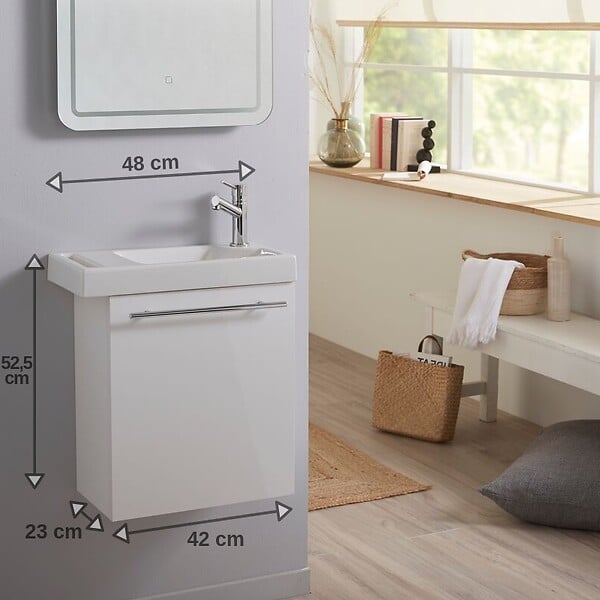 PLANETE BAIN - Meuble lave-mains pour wc blanc avec porte serviette et mitigeur à droite - large