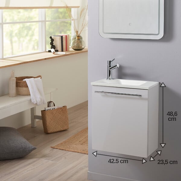 PLANETE BAIN - Meuble lave-mains pour wc blanc avec vasque design en solid stone et mitigeur - large