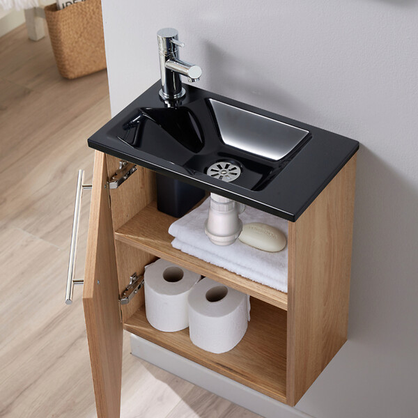 PLANETE BAIN - Pack lave mains Hamac Oak bordolino + Lave mains noir + mitigeur eau chaude - large