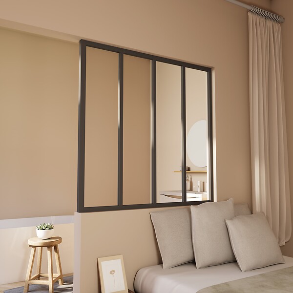 AICA SANITAIRE - Verrière transparents 4 carreaux H.108cm x L.123cm Verrière Atelier en aluminium noir mat - large