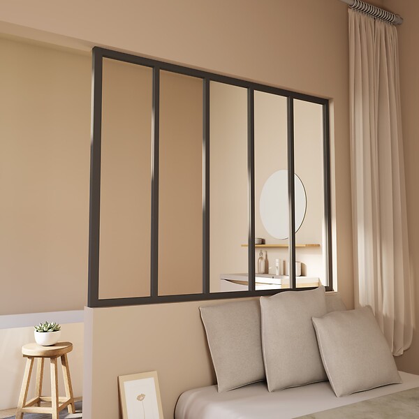 AICA SANITAIRE - Verrière transparents 5 carreaux H.108cm x L.153cm Verrière Atelier en aluminium noir mat - large