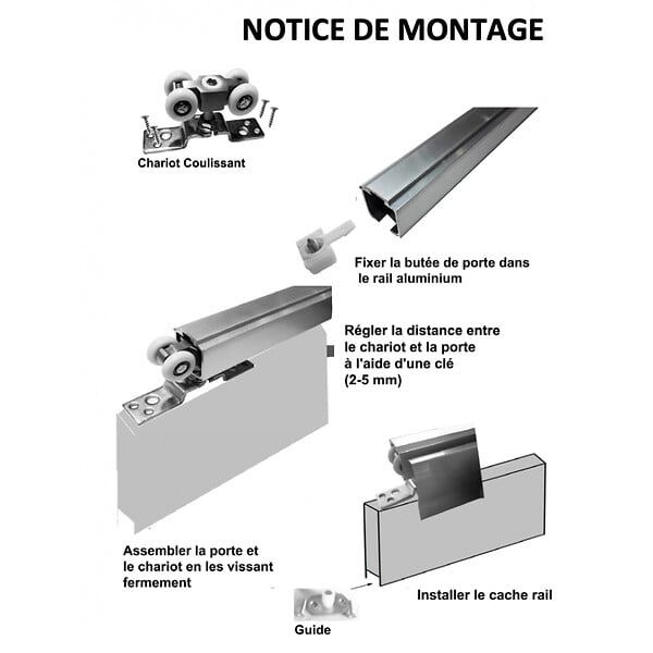 SECURY-T - Rail porte coulissante avec cache et accessoires - 2M - en Aluminium - large