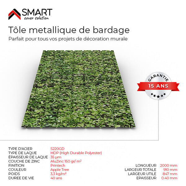 BRAVO THE SMART SOLUTION - Tôle bac acier - Bardage -  plaque H12 Coloris Apple Tree Printech Dimensions 1200x910x0.40 mm - large