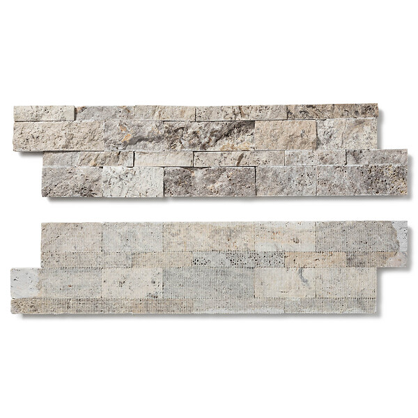 RO'MA NATURE - Pierre de parement Travertin Gris Silver 60x15 cm Brut (lot de 0,99 m² soit 11 plaques) - large