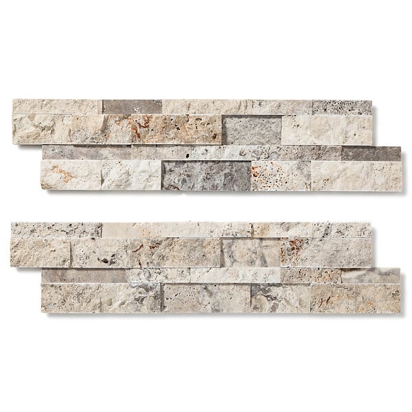 RO'MA NATURE - Pierre de parement Travertin Gris Silver 60x15 cm Brut/Adouci (lot de 0,99 m² soit 11 plaques) - large