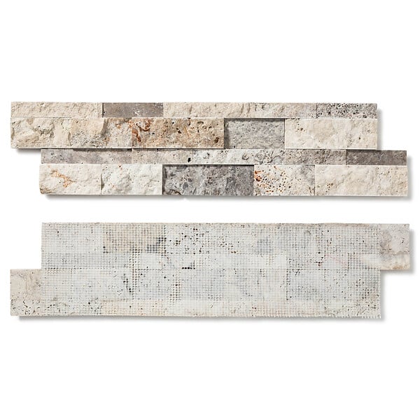RO'MA NATURE - Pierre de parement Travertin Gris Silver 60x15 cm Brut/Adouci (lot de 0,99 m² soit 11 plaques) - large