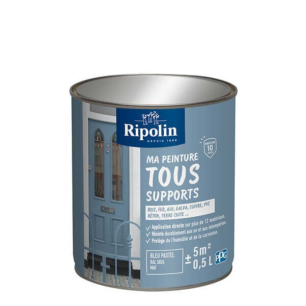 RIPOLIN - Peinture multisupport mate - Bleu pastel RAL 5024 - 0,5L - large