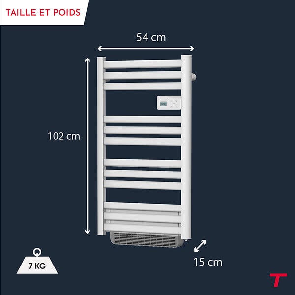 BESTHERM - Sèche-serviette électrique sans fluide avec soufflerie - THOMSON - COSMO 500 + 1000W - Connecté WiFi - blanc - NF - large