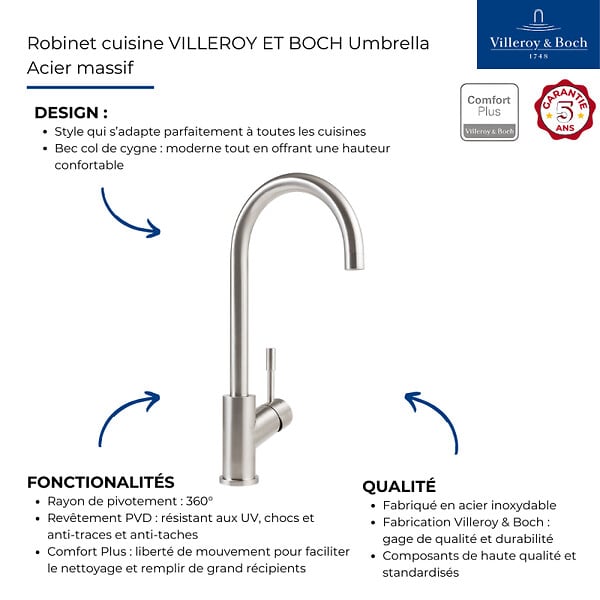 VILLEROY ET BOCH - Robinet cuisine  Umbrella acier massif - large