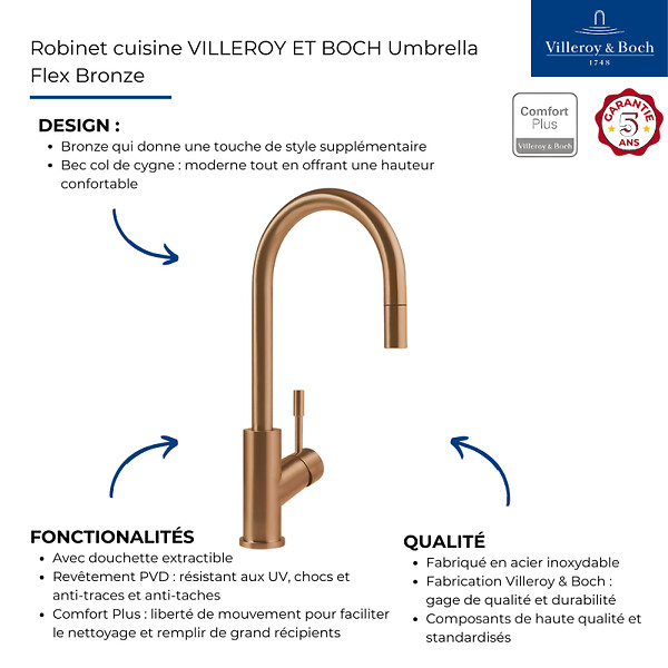 VILLEROY ET BOCH - Robinet cuisine  Umbrella flex bronze + nettoyant - large