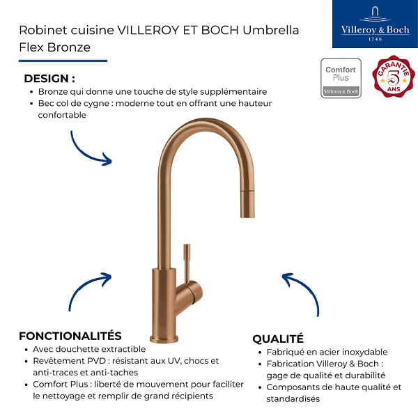 VILLEROY ET BOCH - Robinet cuisine  Umbrella flex bronze - large