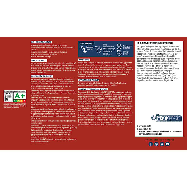 RIPOLIN - Peinture multi-supports Ri 26 - Rouge Piment mat - 2 L - large