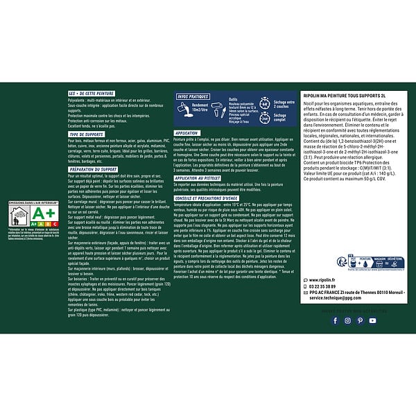 RIPOLIN - Peinture multisupport mate - Vert RAL 6005 - 2L - large