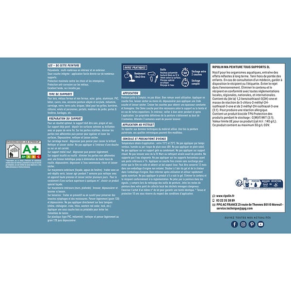 RIPOLIN - Peinture multi-support - Bleu Pastel RAL 5024 - Mat 2L - large
