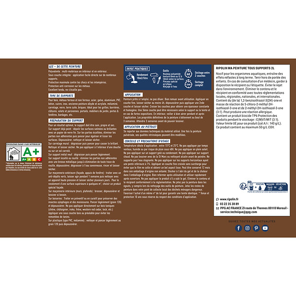 RIPOLIN - Peinture acrylique multi-supports mate Châtaignier 2L - large