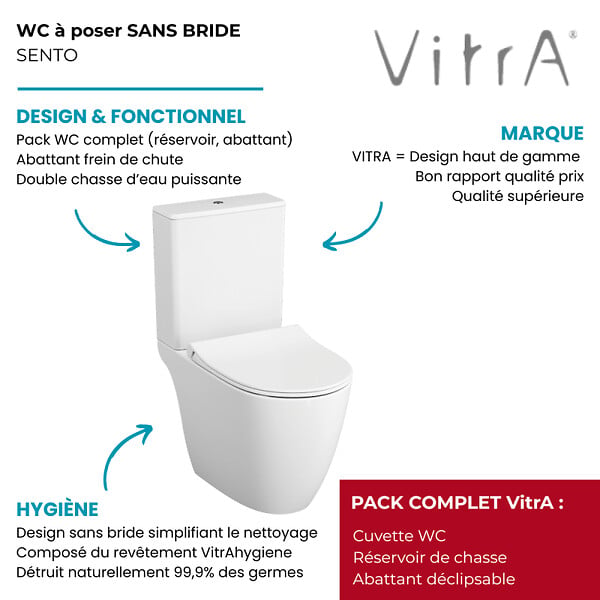 VITRA - WC à poser sans bride VitrA Sento + abattant slim frein de chute blanc - large