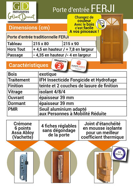 GD MENUISERIES - Porte d'entrée Bois Vitrée Ferji, H215 x L90 cm Côte Tableau p.Droit (Poignée, Barillet ref N158RPL -IN158RCI) - large