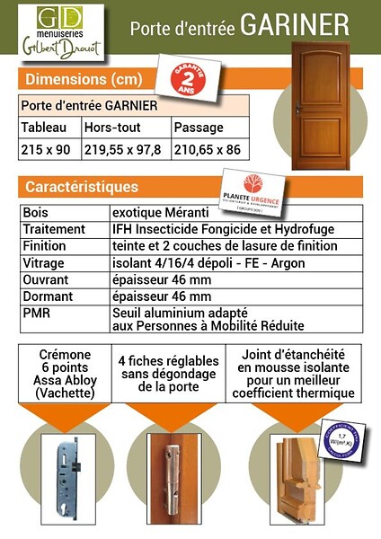 GD MENUISERIES - Porte d'entrée Bois Pleine Garnier, H215 x L80 cm Côte Tableau p.Gauche - large