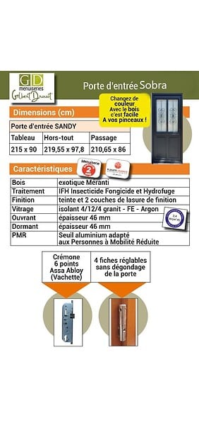 GD MENUISERIES - Porte d'entrée Bois Vitrée Sobra, H215 x L90 cm Côte Tableau p.Gauche (Poignée, Barillet ref N158RPL -IN158RCI) - large
