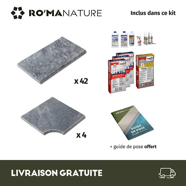 RO'MA NATURE - KIT COMPLET - Margelles pour piscine 8x4m en Pierre Adana Gris Bleu (avec colle, joint, hydrofuge ...) - large