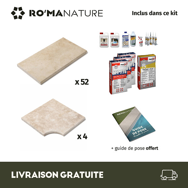 RO'MA NATURE - KIT COMPLET - Margelles pour piscine 10x5m en Travertin Beige Light (avec colle, joint, hydrofuge ...) - large